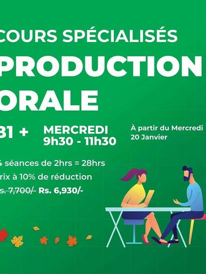 An announcement for our specialized Oral Production course, designed to help B1+ students improve their speaking skills and fluency.