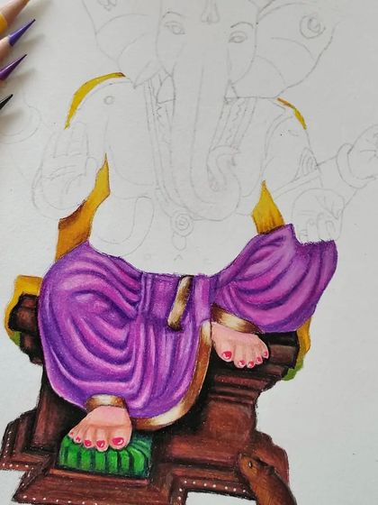 The beginning stages of the Ganesha drawing, focusing on the lower body. The purple dhoti and the wooden seat are rendered first, showing my process of building the piece from the ground up.