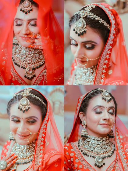 A collage showing different angles and expressions of the bride. It gives a comprehensive view of the makeup and hairstyle.