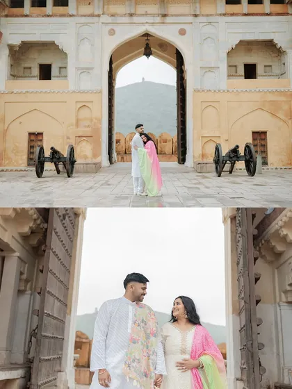 Two shots capturing the couple at the entrance of Amer Fort, framed by the massive gates and historic cannons.