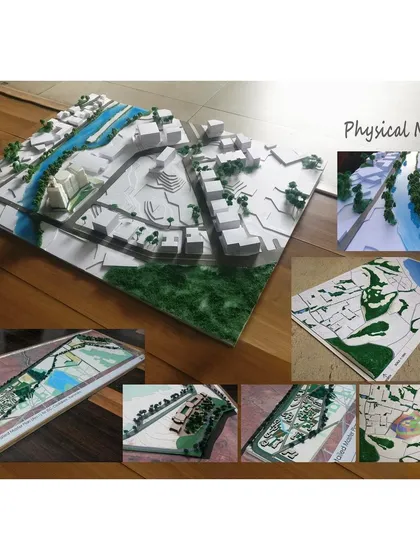We use physical models to test and refine our urban design concepts in three dimensions. This collage shows various site models, which are crucial tools for understanding scale, topography, and the relationship between buildings and open spaces.