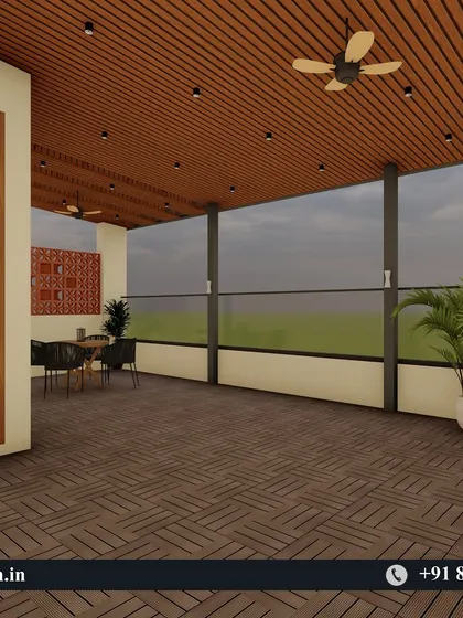 A 3D concept for a spacious terrace with a full wood-finish ceiling, integrated fans, and multiple seating zones.