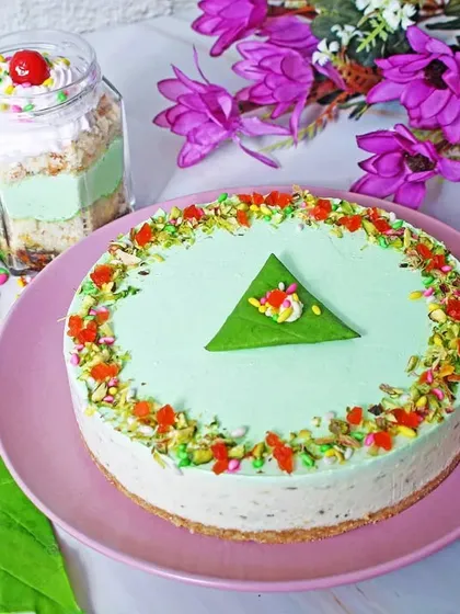 A unique Paan-flavored cheesecake, decorated with traditional paan ingredients. This photo captures an innovative dessert, perfect for brands wanting to showcase their creative flavor combinations.