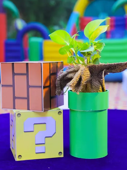 A creative centerpiece for a Super Mario party, featuring a real plant as a Piranha Plant coming out of a green warp pipe, next to question mark and brick blocks.