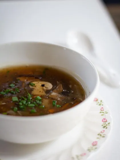 A classic Chinese hot and sour or mushroom soup, a staple that we teach in our Asian cooking classes.