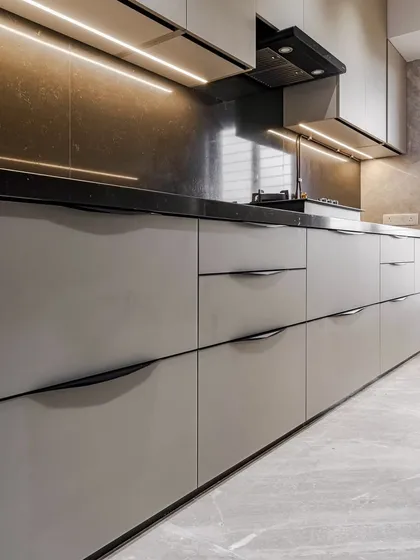 A low-angle shot of the matte acrylic drawers with ergonomic handles, highlighting the clean lines and modern aesthetic of the design.