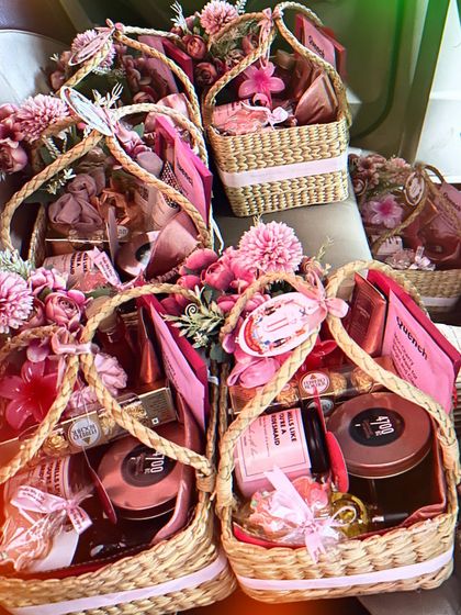 An overhead shot of the bridesmaid proposal baskets, all ready to go! I love seeing them all together, each one a bundle of joy waiting to be gifted.