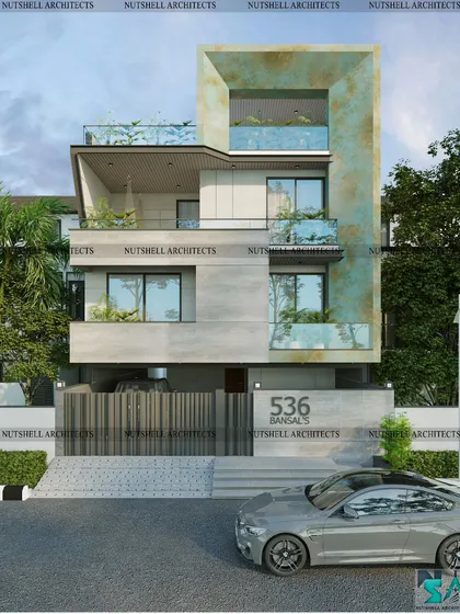 This facade is adorned with Patina Finished Laminam Tiles, which provide a sophisticated, opulent finish. The design plays with projecting and recessed volumes to create a dynamic composition that feels both luxurious and timeless.