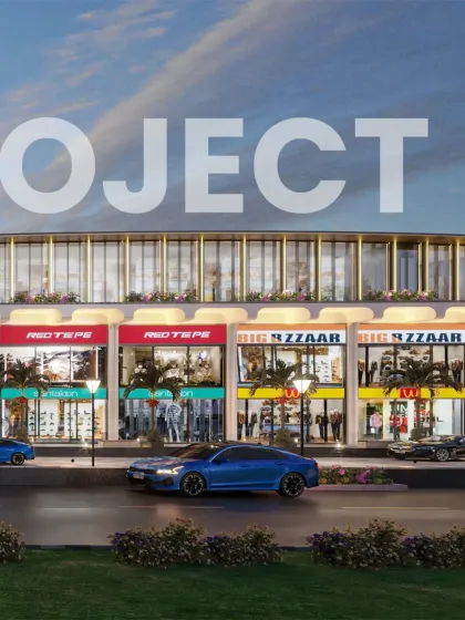 Another view of the mall's facade, highlighting the clean lines and organized branding opportunities for retail tenants.