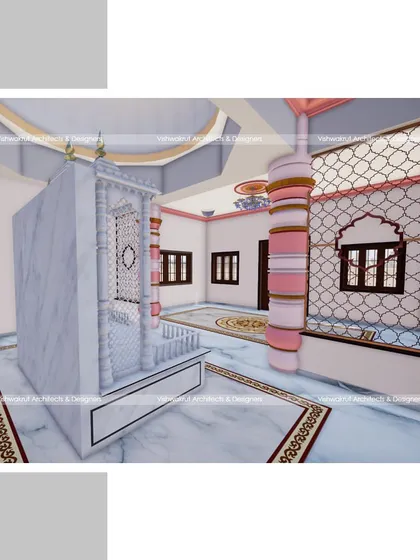 An interior render showing the side view of the 'mandap' and the 'jali' (lattice screen) work on the walls, which allows for light and ventilation while adding a traditional decorative element.