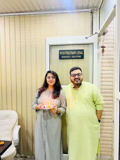 Celebrating Diwali at the Nyaypratham Legal office with my partner. Our firm is built on shared values and the hope that we can guide our clients toward success and prosperity.
