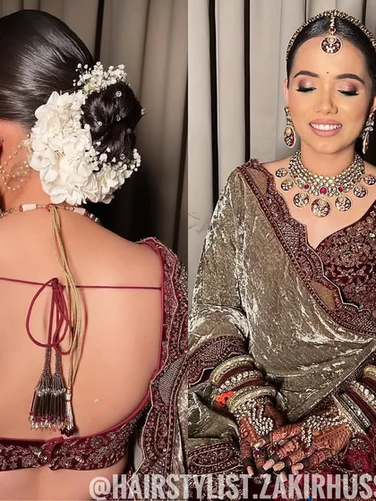 A front and back view of the classic bridal bun with white flowers, showing the complete, elegant bridal look.