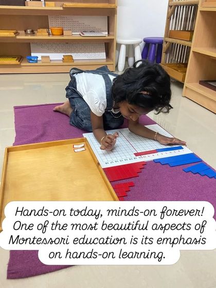 Hands-on today, minds-on forever. The emphasis on hands-on learning is one of the most beautiful aspects of Montessori education. This child is deeply focused on a math activity, learning through touch and manipulation.