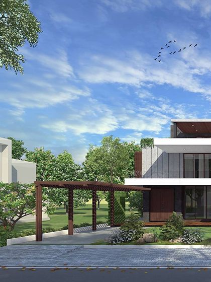 This 3D render showcases a facade design for a contemporary villa in Epsilon, Bellandur, using a subtle palette of concrete, wood, and glass for a sophisticated look.