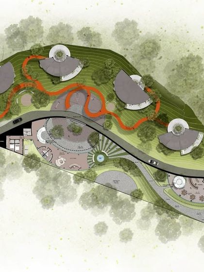 The master plan for the "Hillucinations" resort, showing how the public and private zones are separated by a main road, with the skywalk connecting the villas.