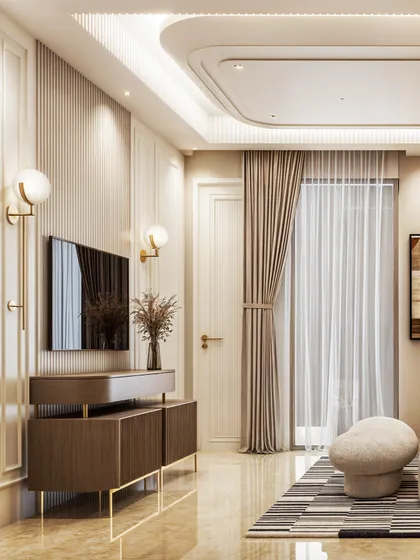 A view of the TV unit, flanked by sculptural wall sconces, showcasing a symmetrical and balanced design.