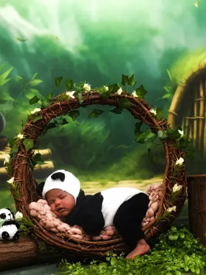 This wide shot captures the entire magical scene, with the sleeping newborn panda and a large panda illustration in the background.