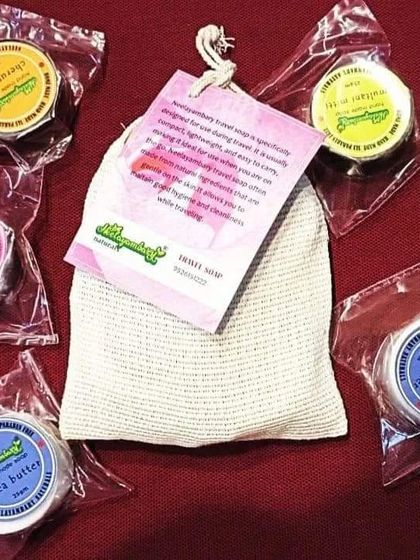 Another look at my travel soap pack. You can choose any four from my range of handmade soaps like Papaya, Red Wine, Neem, and Shea Butter. Keep your skin happy even when you travel.
