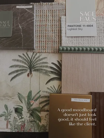 Every project begins with a conversation and a moodboard. This collection of materials, textures, and colors is the first step in translating a client's personality and vision into a tangible design direction for their home.