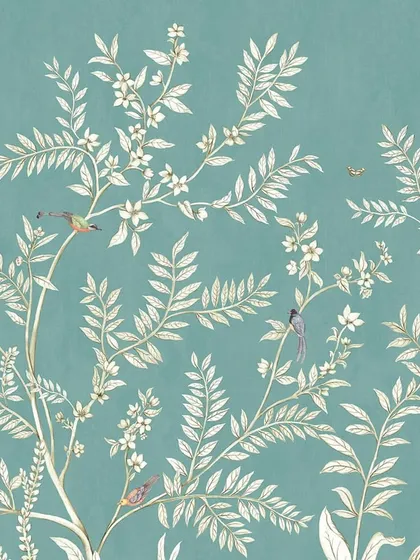 A detailed view of the refined botanical poetry that defines the Daisy Bennett collection. Tiny birds perch on delicate branches, adding a touch of life and sophistication to this elegant wallcovering.
