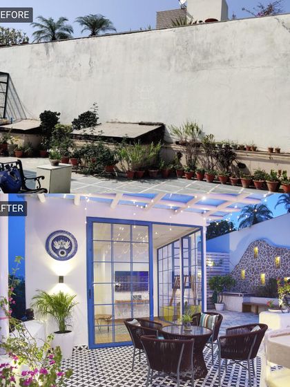 From a cluttered terrace to a Santorini-inspired dream. This before-and-after shows the power of a cohesive theme, with white and blue accents, patterned tiles, and a new glass-door entryway.