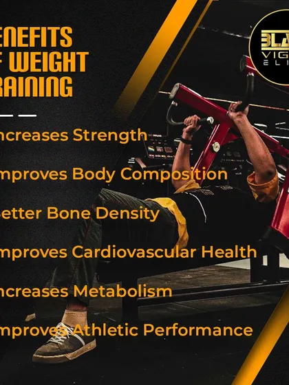 This graphic outlines the key benefits of weight training, such as increased strength, better bone density, and improved metabolism. The member shown is using a chest press machine to build upper body power.