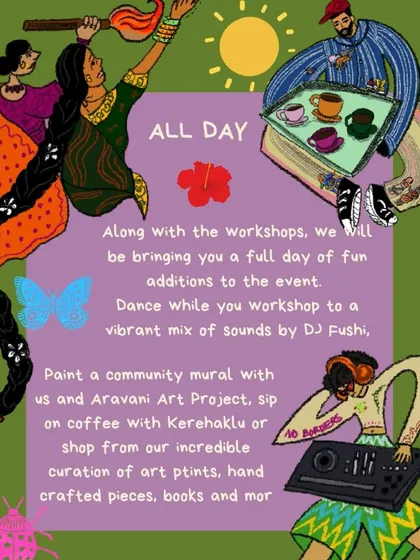 A poster detailing the all-day activities at our workshop, including a community mural, live DJ, and shopping corner, creating a full festival-like experience.