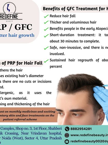 This graphic explains the distinct benefits of both PRP and GFC treatments for hair growth. It details how PRP strengthens hair while GFC provides a sustained regrowth of about 75-80 percent, helping you choose the right non-invasive option.