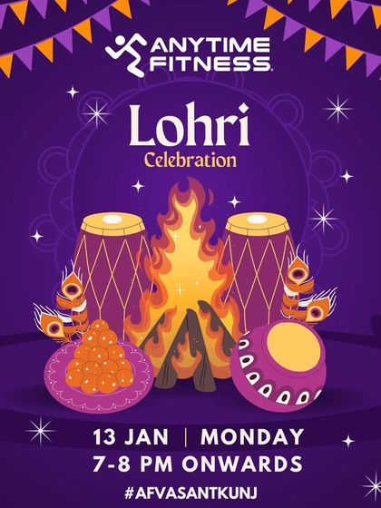 The official announcement for our Lohri celebration, inviting members to a special Bhangra class. The graphic sets a festive tone with illustrations of a bonfire and dhol drums.