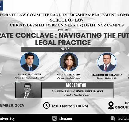 This graphic announces our Partner, V.C. Mathews, as a speaker at a Corporate Conclave on the future of legal practice. His session on IPR Litigation addresses critical challenges in intellectual property disputes.