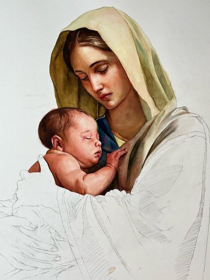 A work-in-progress shot of the Mother Mary and Jesus painting. Here, the faces and the upper part of the composition are rendered, while the lower half is still an outline.