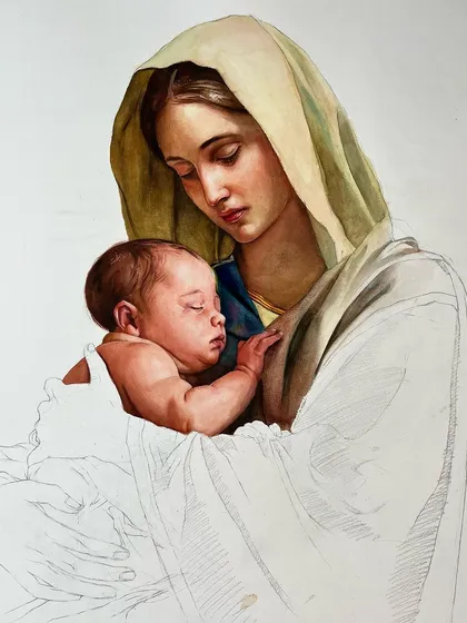 A work-in-progress of a commissioned piece of Mother Mary and Jesus. The goal here is to capture the tenderness and divine love in this sacred bond through soft light and gentle expressions.