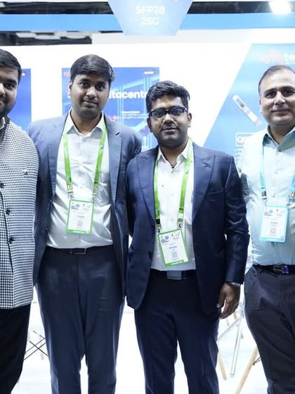 Our team with industry experts and clients at the India Mobile Congress (IMC) 2023, discussing our 'Made in India' optical transceivers.