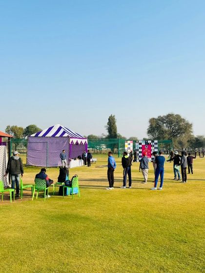 A wider view of the event setup on the ground. You can see the space we offer for teams and spectators, making it a great venue for corporate sports days.