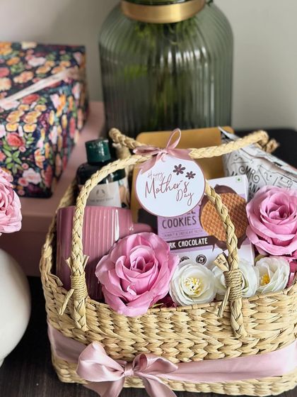 A close-up of our "Basket of Love" for Mom, highlighting the custom "Happy Mother's Day" tag.