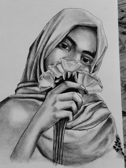 The third portrait in the series, a girl holding flowers. The contrast between the soft fabric of the hijab and the delicate petals was interesting to draw.