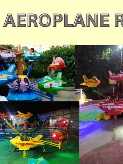 This collage shows our Aeroplane Ride installed in various settings, operating both day and night. Each plane-shaped car gives children the thrill of flying, making it a hit at funfairs and parks. We can customize the colors and lighting to match your specific theme.