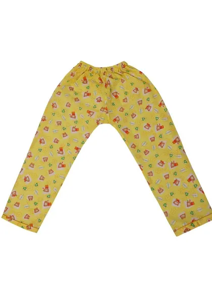 Yellow patterned pajama pants for kids, shot flat. We provide multiple images for each product, including individual shots of tops and bottoms.