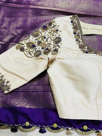 This collection showcases a variety of my custom blouse designs, from pastel engagement pieces to rich Kanjivaram pairings. Each one is uniquely crafted with different handwork techniques, fabrics, and cuts to match my client's vision.