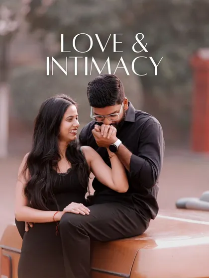 Utsav and Shalini in a classic romantic pose, sitting on a vintage car. This pre-wedding shot at The Shooting Village is full of love and intimacy.