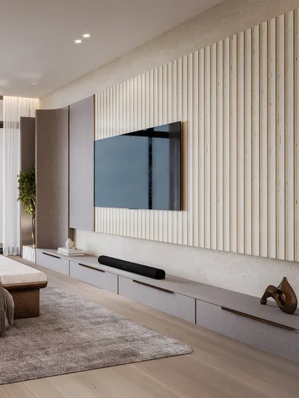 A visualization of the minimalist media wall, where fluted panels and a long, low console create a sleek and modern look.