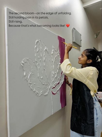 The second bloom is on the edge of unfolding. This work-in-progress shot shows me adding a deep magenta stripe, symbolizing the pain and strength held within the petals as it continues to rise.