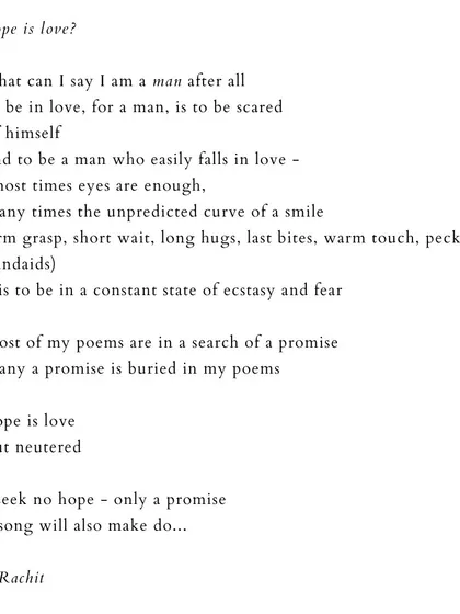'hope is love?'. A reflection on love, fear, and masculinity, seeking a promise over hope.