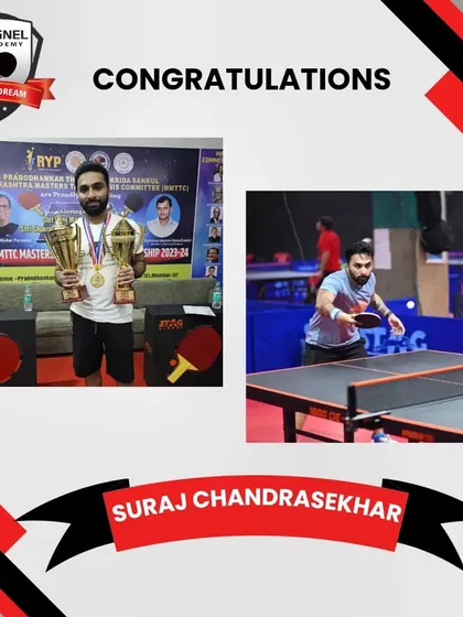 A graphic celebrating veteran player Suraj Chandrasekhar's double gold medal win at the MMTTC State Championship, showing him both on the podium and in action during a match.