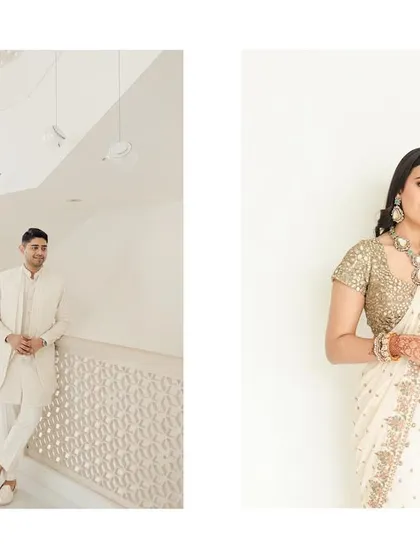 A diptych showing the bride and groom in separate, elegant portraits against a clean, white background. The bride's pose is confident and graceful, highlighting her stunning engagement saree.