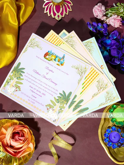 This set of inserts for a thread ceremony invitation features soft pastel tones and delicate floral and foliage illustrations. Each card is designed to provide guests with event details in a cohesive and elegant style.