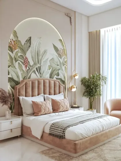 This is how we create a personal sanctuary. This luxurious bedroom design combines a soft, blush pink velvet bed with a custom botanical mural, creating a serene and modern retreat. The design focuses on creating a high-end look that is both stylish and achievable on a budget.