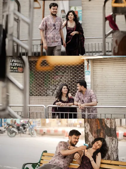 A collage of a couple's day out in an Agra market, showing their playful and natural interactions in an urban setting.