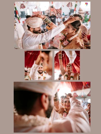 A collage of the couple during the Talambralu ritual. The different angles capture the fun, mess, and sheer joy of this beloved wedding tradition.