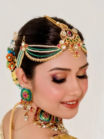 A side view of the floral bun, showing the beautiful arrangement of colorful flowers that match the client's jewelry and outfit.